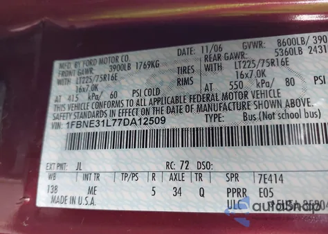 2007 Ford E-350 Super Duty Xl/Xlt from USA, damaged, VIN 1FBNE31L77DA12509